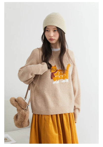 CHIC VEN New Women Sweaters Loose Casual O Neck Cartoon Cat Female Knitted Jumpers Pullovers for Girl Autumn Winter 2025