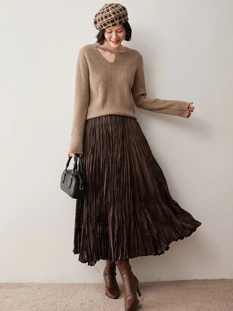 CHICUU Women's 100% Cashmere Knit Pullover Sweater Cut Out Collar Long Sleeve Pullover Autumn Winter Basic Cashmere Knitwear Top