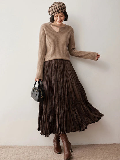 CHICUU Women's 100% Cashmere Knit Pullover Sweater Cut Out Collar Long Sleeve Pullover Autumn Winter Basic Cashmere Knitwear Top