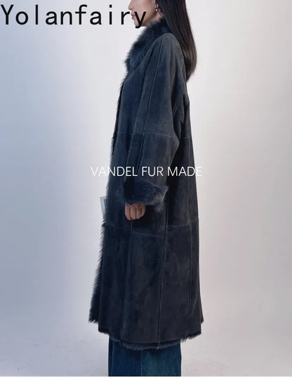 YOLANFAIRY Real Goatskin Leather Fur Coats for Women Winter High-end Natural Fur Coat Lazy Style Long Leather Jacket Luxury Wear