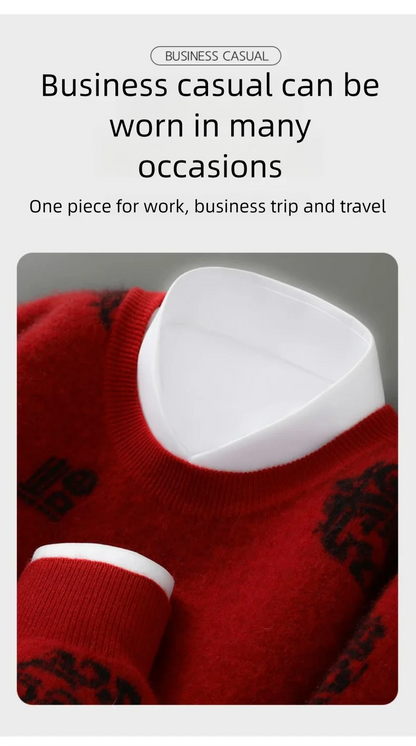 Men's 100% Pure Wool Sweater O-Neck Loose Pullover Autumn/Winter New Embroidery Business Casual Cashmere Tops Knit Bottom Shirt