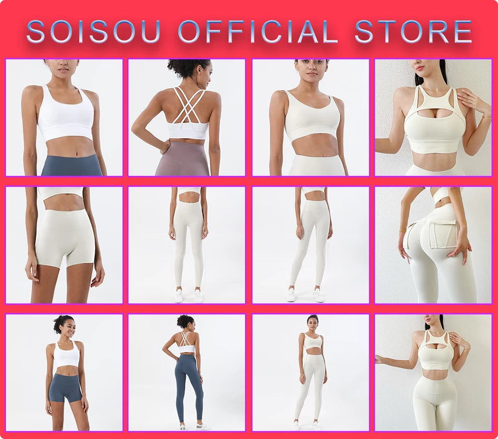 SOISOU Nylon Gym Yoga Set Women's Tracksuit Cycling Shorts Set Tight Elastic Short Chest Pad Removable Bra Womens Clothing