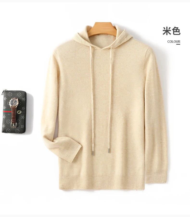 Men's 100% Merino Wool Sweater Hooded Collar Knitted Pullover Cashmere Sweatshirt Autumn Winter Casual Large Tops Long Sleeved