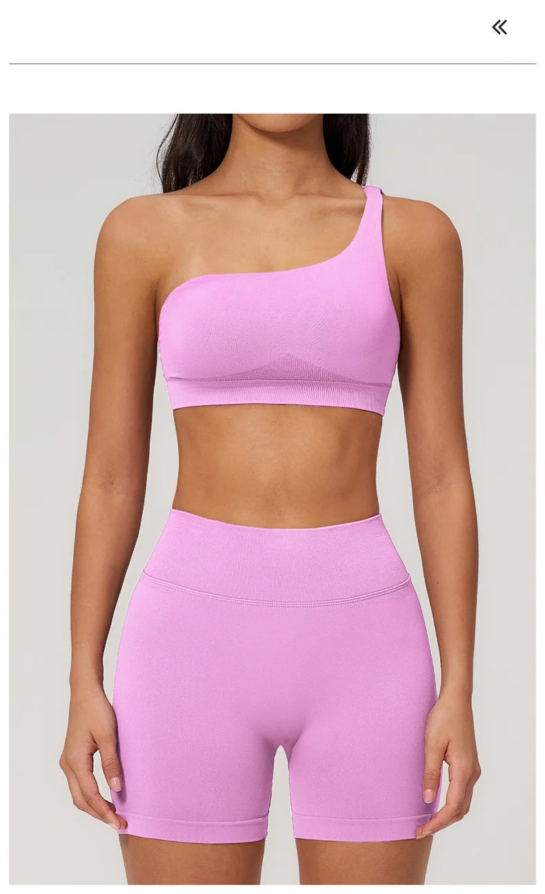TRY TO BN Seamless Two Pieces Women's Tracksuit Yoga Shorts Set One-shoulder Hollow Backless Fitness Running Workout Gym Clothes