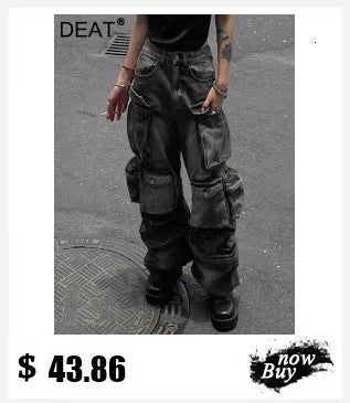 DEAT Fashion Washed Ripped Hole Vintage Straight Jeans Women's High Waist Long Wide Leg Blue Denim Pants Summer New