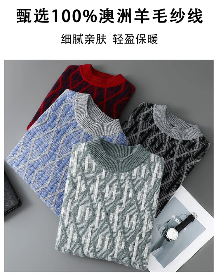 New 100% Pure Wool Cashmere Men's Mock-Neck Pullover Autumn And Winter Color Matching Top Casual Thick Fashion Large Size Jacket
