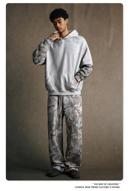 Custom LOGO Men's 2025 Autumn New 340G fleece-lined Fake Two-piece Camouflage Sweater T-Shirt Casual Pants Set