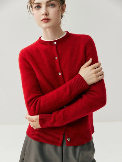 CHICUU Autumn Winter Women Thick O-neck Cardigan Basic Simple 100% Cashmere Sweater Solid Long Sleeve Cardigan Coat Knitwear