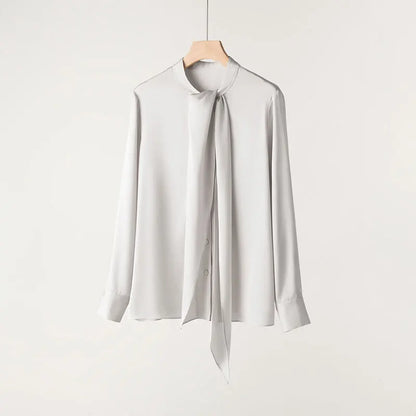 YOLANFAIRY 93% Real Mulberry Silk Shirts for Women Spring 2026 Elegant Solid Long Sleeve Shirt Woman Top Ribbon OL Blouses Trend