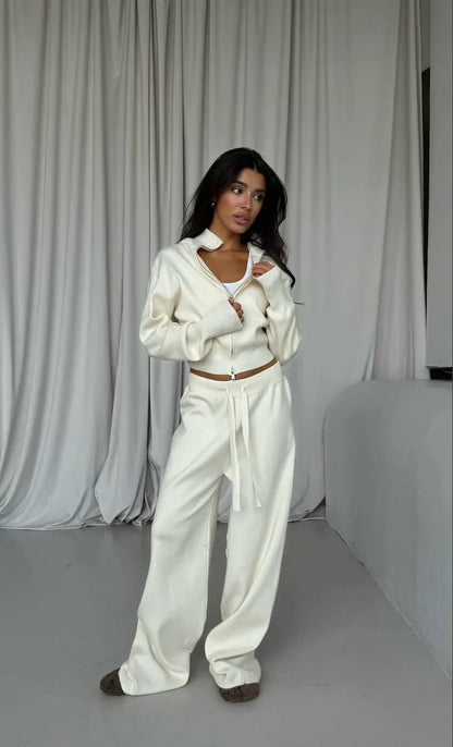 Women Cotton Knitted Cardigan Wide Leg Pants Suit Autumn and Winter Lady  Fashion Loose Daily Office Jacket Straight Pants 2Pcs