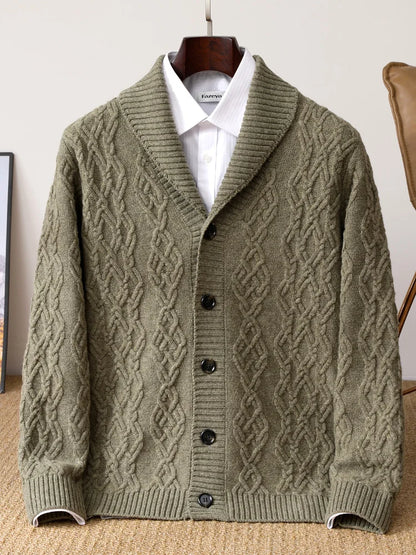 2025 Autumn Winter New Five Needle Thick 100% Merino Wool Sweater Men's Lapel Knit Cardigan Business Casual Warm Shirt Menswear