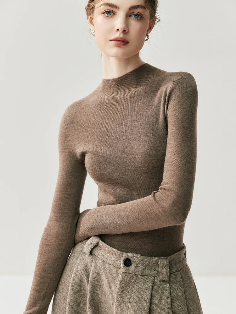 CHICUU Women 100% Wool Sweater Machine Washable Mock Neck Pullover 18-Thread Worsted Cashmere Knitwear   Autumn Winter Clothes