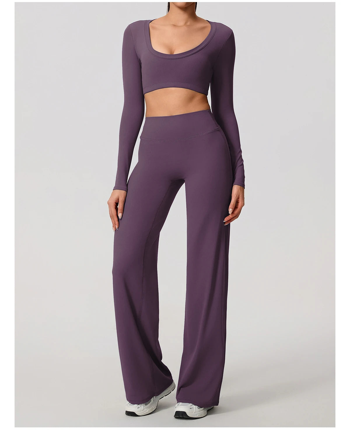 Hearuisavy Sports Set 2Pcs Women's  Long Sleeve Backless Fitted Fitness Top Push Up Pilates Yoga Top Wide Leg Straight Leg Pants