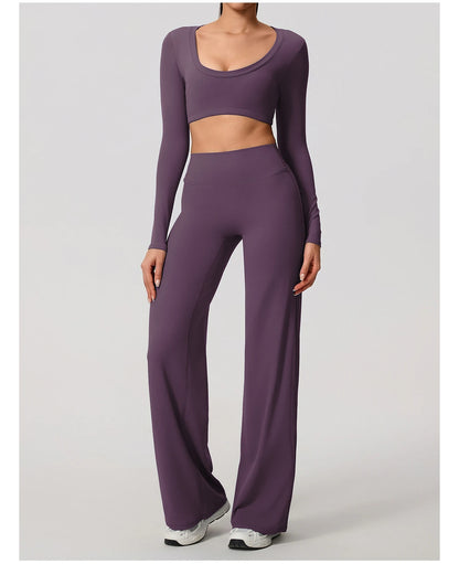 Hearuisavy Sports Set 2Pcs Women's  Long Sleeve Backless Fitted Fitness Top Push Up Pilates Yoga Top Wide Leg Straight Leg Pants
