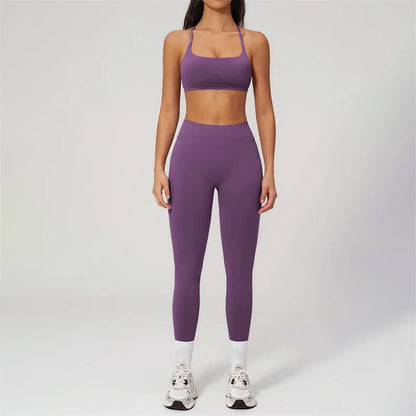 TRY TO BN Women Tracksuit 2 Piece Yoga Set Cross Bra High Waist V Waist Leggings Tummy Control Butt Lifting Workout Running Gym