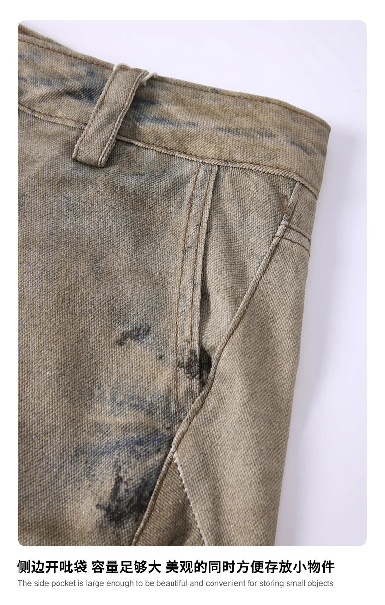 Custom LOGO men's 270G pure cotton high street retro casual pants scimitar denim texture mud yellow old loose wide-leg pants