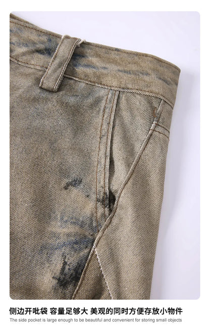 Custom LOGO men's 270G pure cotton high street retro casual pants scimitar denim texture mud yellow old loose wide-leg pants