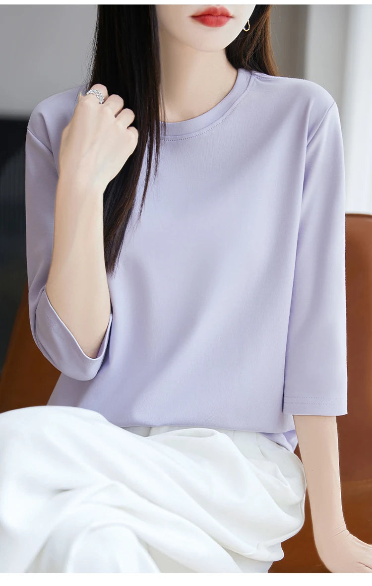Spring And Summer New White Mercerized Cotton Short Sleeve T-Shirt Feminine Joker Cotton Cropped Sleeve Bottoming Shirt