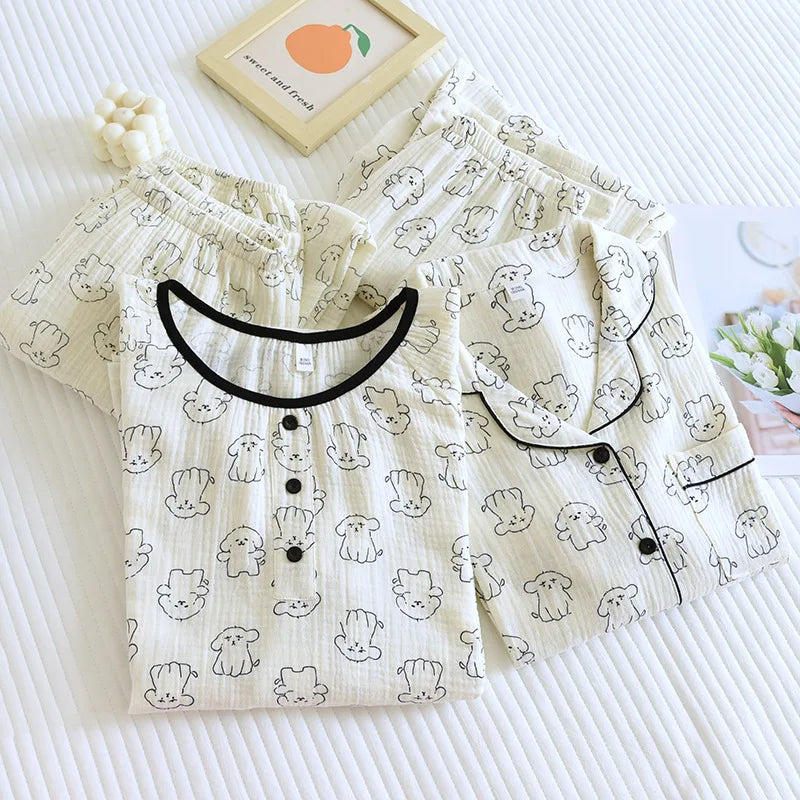 2026 New Spring and Autumn Women's Pajama Set 100% Cotton Crepe Cute Long sleeved Pants Two piece Printed Loose Home Fury
