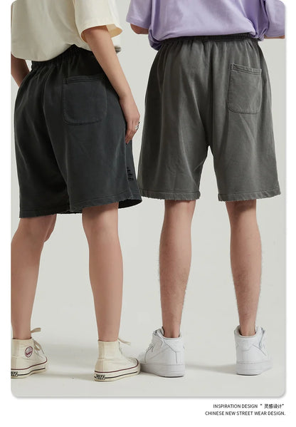 Customized LOGO Men's Heavy 100% Cotton High Street Wind Wash Old Loose Cut Couple Retro Shorts