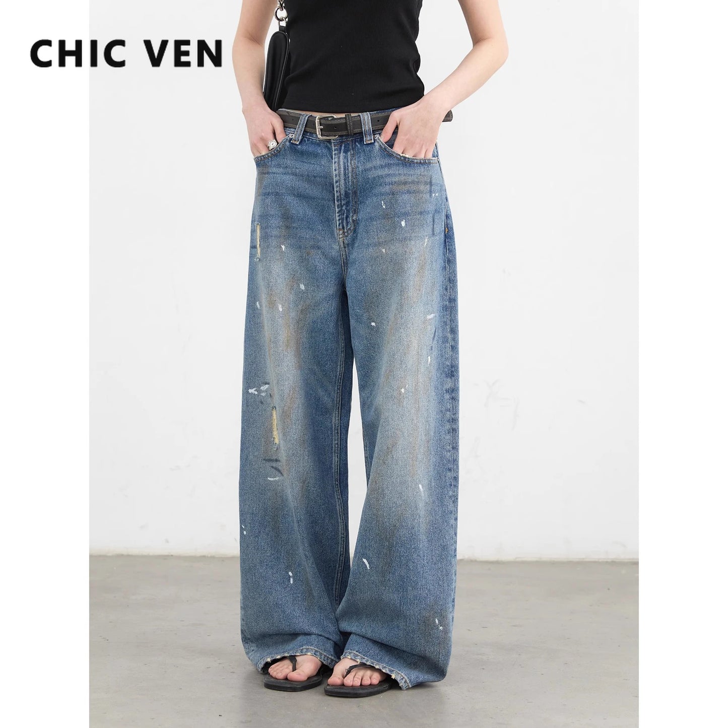 CHIC VEN Women Jeans Loose Casual New Retro High Waisted Straight Leg Wide Leg Denim Pants Female Trousers Summer 2025
