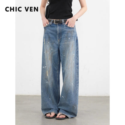 CHIC VEN Women Jeans Loose Casual New Retro High Waisted Straight Leg Wide Leg Denim Pants Female Trousers Summer 2025