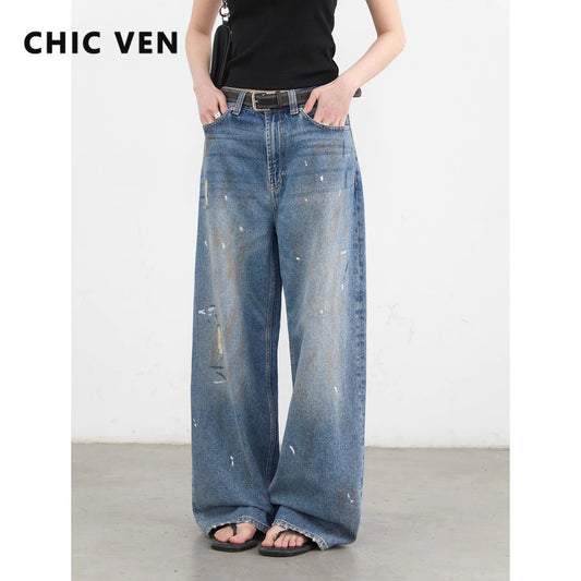 CHIC VEN Women Jeans Loose Casual New Retro High Waisted Straight Leg Wide Leg Denim Pants Female Trousers Summer 2025