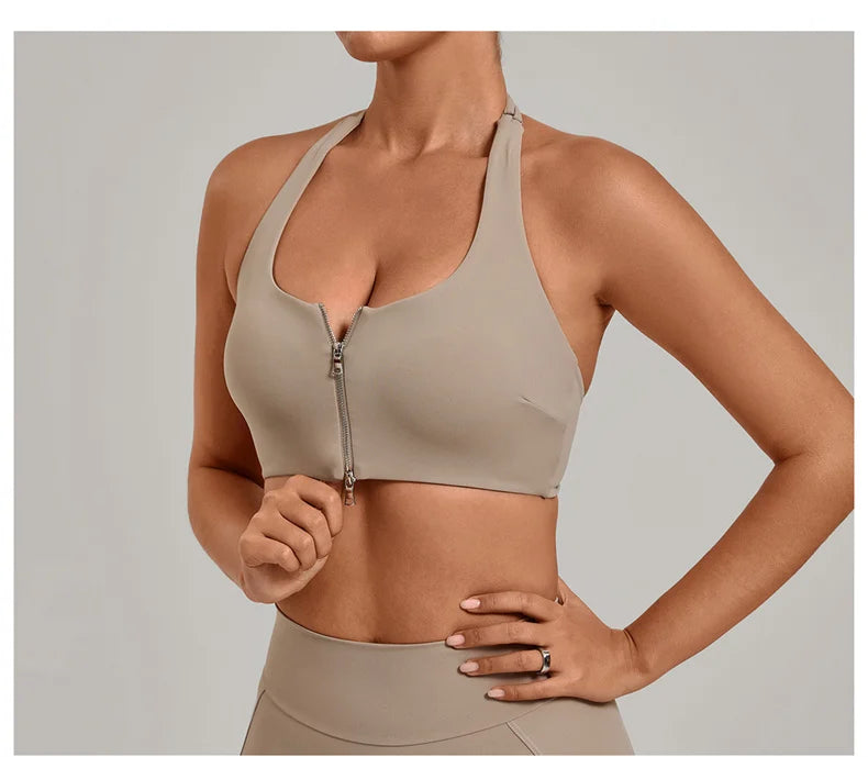 TRY TO BN Yoga Sports Bra Women's Zipper Halter Neck Naked Feeling Backless Underwear Fitness Tops Workout Running Gym Clothing