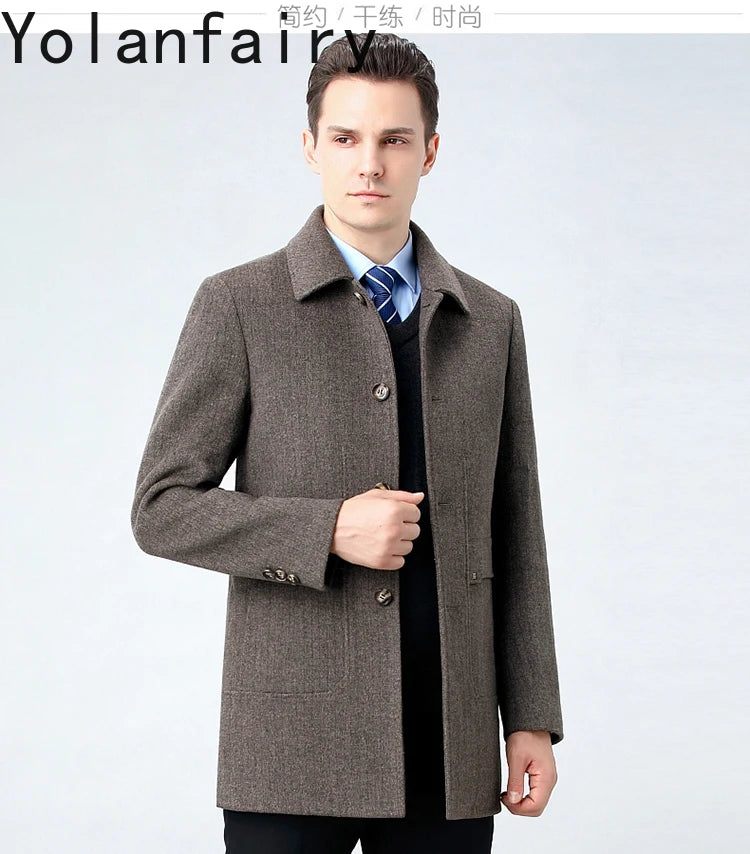 YOLANFAIRY 100% Cashmere Jacket for Men 2025 Autumn Winter Mid-length Wool Coats Man Clothing Casual Business Men's Woolen Coat