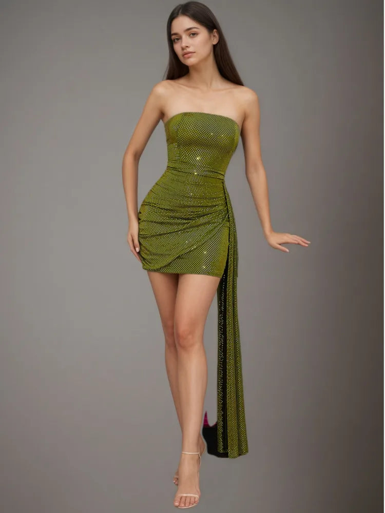 DEAT Fashion Sparkling Rhinestone Strapless Bodycon Dress Women's Slim Side Ribbon Green Mini Party Dresses New 7A3877