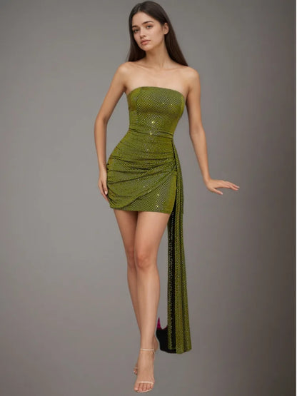DEAT Fashion Sparkling Rhinestone Strapless Bodycon Dress Women's Slim Side Ribbon Green Mini Party Dresses New 7A3877