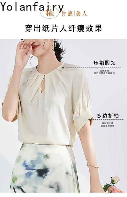 YOLANFAIRY 100% Real Mulberry Silk T Shirts for Women Summer 2026 Short Sleeve Tops O-neck Elegant Blouse Woman Tee Shirt Femme