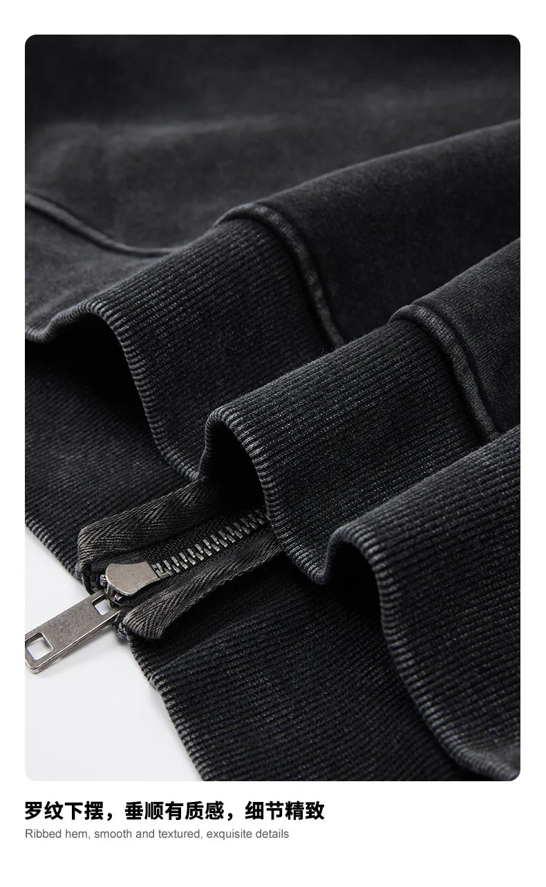 Custom LOGO Men's 400G Autumn Winter Retro Washed Boxy Fleece Collar Plush Thickened  Hooded  Zipper Jacket Couple style set