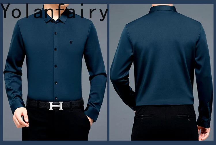 YOLANFAIRY 100% Mulberry Silk Long Sleeve Shirt Man Spring Autumn Casual Silk Mens Shirts Warm Male White Shirt chemises hommes