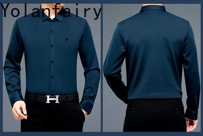 YOLANFAIRY 100% Mulberry Silk Long Sleeve Shirt Man Spring Autumn Casual Silk Mens Shirts Warm Male White Shirt chemises hommes