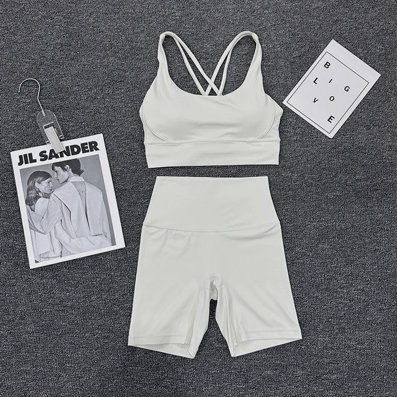 SOISOU Nylon Gym Yoga Set Women's Tracksuit Cycling Shorts Set Tight Elastic Short Chest Pad Removable Bra Womens Clothing