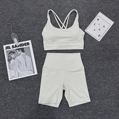 SOISOU Nylon Gym Yoga Set Women's Tracksuit Cycling Shorts Set Tight Elastic Short Chest Pad Removable Bra Womens Clothing