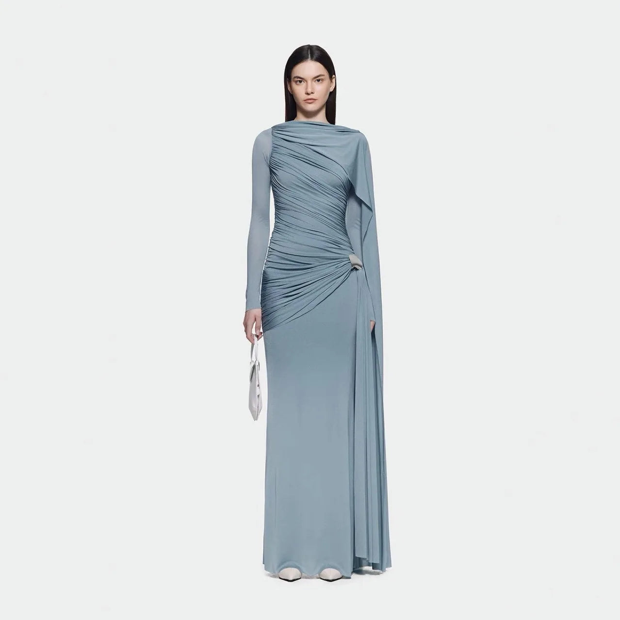 DEAT Fashion Brown Asymmetric Pleated Minimalist Dress Women's Round Neck Slim Fit Long Sleeves Ankle-length Dresses New