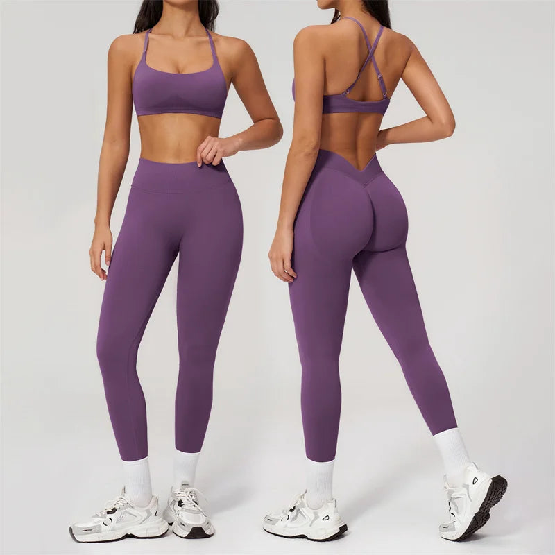 TRY TO BN Women Tracksuit 2 Piece Yoga Set Cross Bra High Waist V Waist Leggings Tummy Control Butt Lifting Workout Running Gym