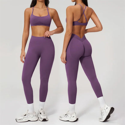 TRY TO BN Women Tracksuit 2 Piece Yoga Set Cross Bra High Waist V Waist Leggings Tummy Control Butt Lifting Workout Running Gym