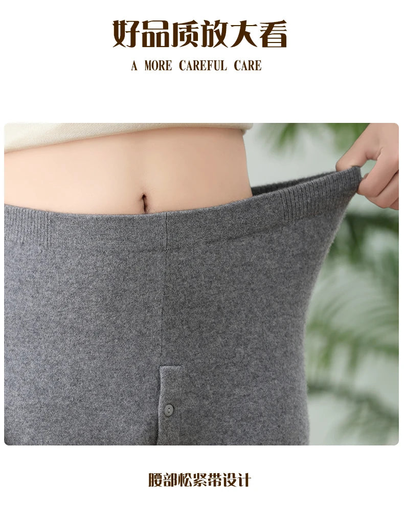 100% Cashmere Knit Leggings Men Winter Wearing Thermal Underwear High Waist Trousers Solid Thicken Elasticity Ankle-Length Pants