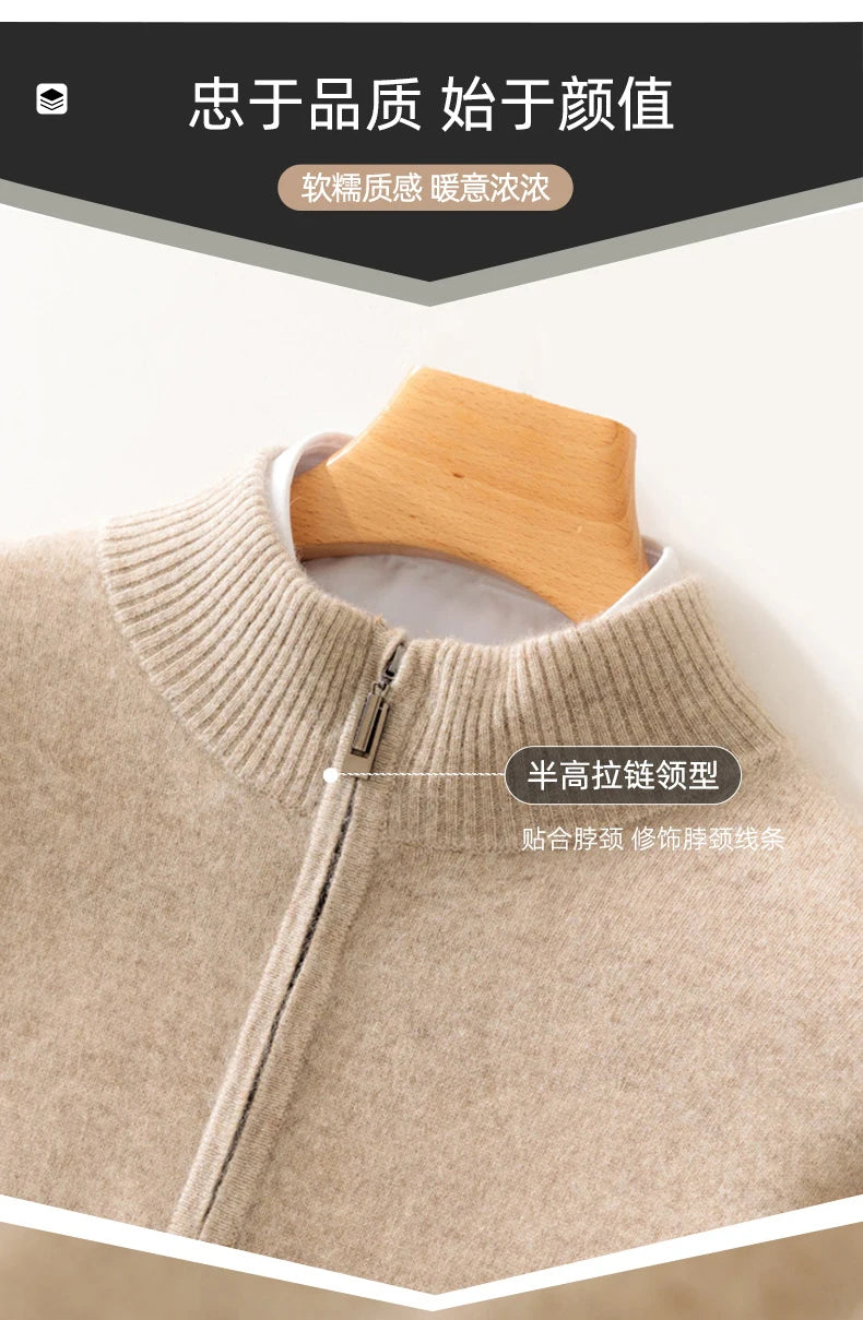 High-end 100% Cashmere Pullover for Men Mock Collar Thick Sweater Autumn Winter Knitted Jumper Warm Clothing Smart Casual Top