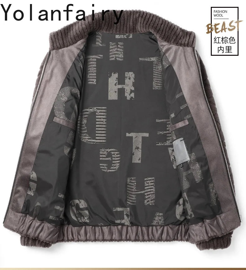 YOLANFAIRY Winter 100% Sheep Shearing Jacket Man Clothing Fashion Stand Collar Granular Lamb Fur Coat Men's Jackets chaqueta