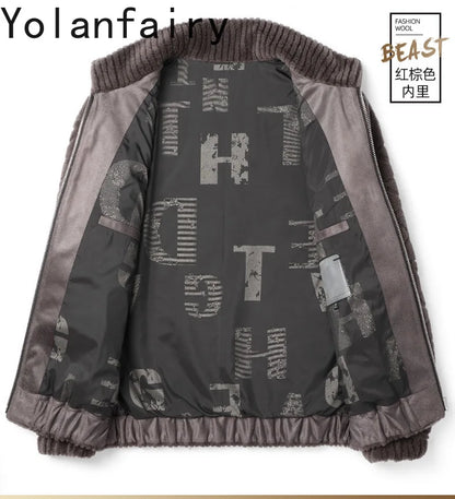 YOLANFAIRY Winter 100% Sheep Shearing Jacket Man Clothing Fashion Stand Collar Granular Lamb Fur Coat Men's Jackets chaqueta