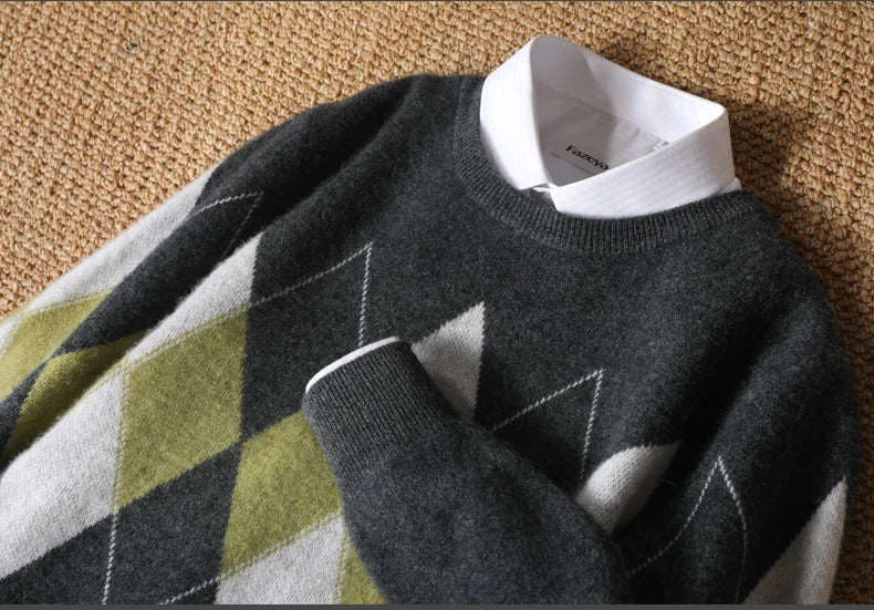 Autumn Winter New Men's Cashmere Sweater Thickened Round Neck Pullover With Contrast Color Loose Casual Knitted100% Wool Sweater