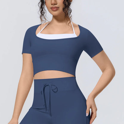 Yoga Sexy Dance Clothes High Elastic Sports T-shirt Women Fitness Top Short Sleeves Running Shirts Gym Push Up Workout Top Tee
