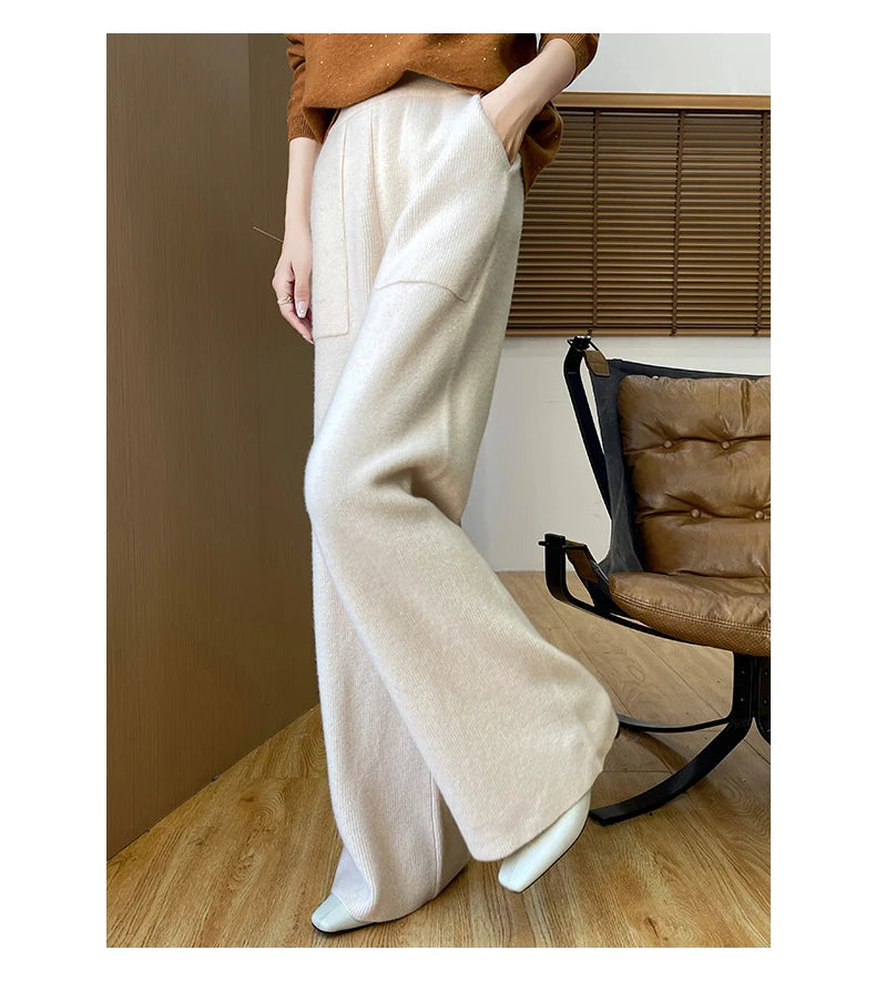 DjzDsm Women's Autumn Spring Knitted Floor-Length Wide Leg Pants 100% Merino Wool Long Trousers