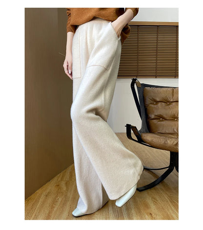 DjzDsm Women's Autumn Spring Knitted Floor-Length Wide Leg Pants 100% Merino Wool Long Trousers