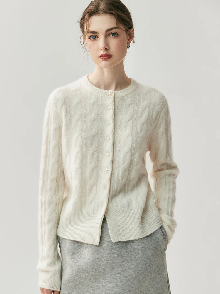 CHICUU Women's O-neck Cashmere Cardigan 100% Cashmere Sweater Cable Knit Preppy Style Cardigan Coat Autumn Winter Clothes Tops