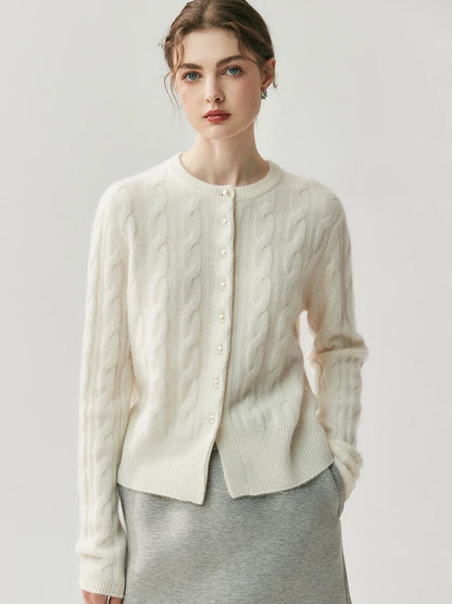 CHICUU Women's O-neck Cashmere Cardigan 100% Cashmere Sweater Cable Knit Preppy Style Cardigan Coat Autumn Winter Clothes Tops